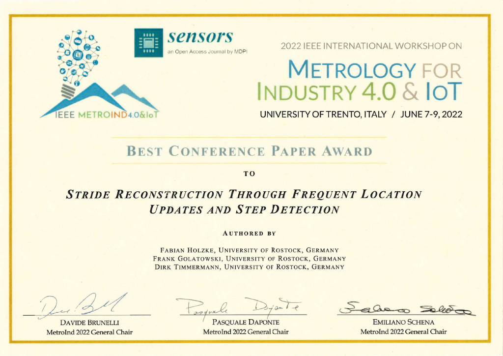 Urkunde für den Best Conference Paper Award beim MetroInd4.0&IoT - 2022 IEEE International Workshop on Metrology for Industry 4.0 and IoT